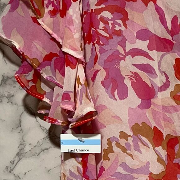Steve Madden Womens Pink Orange White Floral Flutter Sleeve Blouse Shirt Medium - Picture 6 of 8